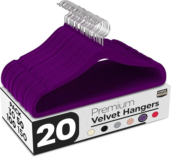 Utopia Home Velvet Hangers, Purple, 20 Pack | Luxury Non-Slip Slim Pant & Coat Hangers, Strong Space-Saving Clothes Hangers with Pants Bar and 360° Swivel Hook