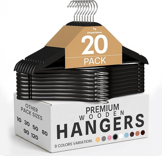 Utopia Home Premium Wooden Hangers 20 Pack - Durable & Slim Coat Hanger - Suit Hanger with 360-Degree Rotatable Hook - Wood Hangers with Shoulder Grooves (Black Color)