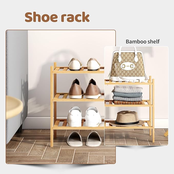 Bamboo Shoe Rack Stackable Shoe Shelf Storage Organizer for Unit Entryway Hallway and Closet Sturdy Freestanding Shoe Shelf(3 Tier Natural)