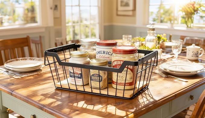 ShabbyDecor Metal Wire Basket with Handles Storage Organizer Stackable Organizing bin for Cabinet Shelf Countertop Under Sink Pantry for Kitchen,Bathroom,Laundry Closet, 1 Pack