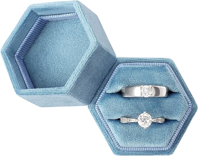 DesignSter Hexagon Velvet Ring Bearer Box - Premium Gorgeous Vintage Double Ring Display Holder with Detachable Lid for Proposal, Engagement, Wedding, Ceremony (Dark Blue)