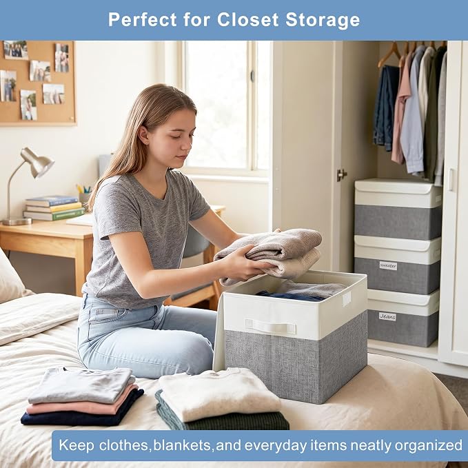 Bagnizer Large 22 Quart Linen Fabric Foldable Storage Bin Cube Organizer Basket with Flip-Top Lid & Handles, Clothes Blanket Box for Home, Office, Closet, Gray & White, 4 Pack 14.6 x 9.5 x 9.5”