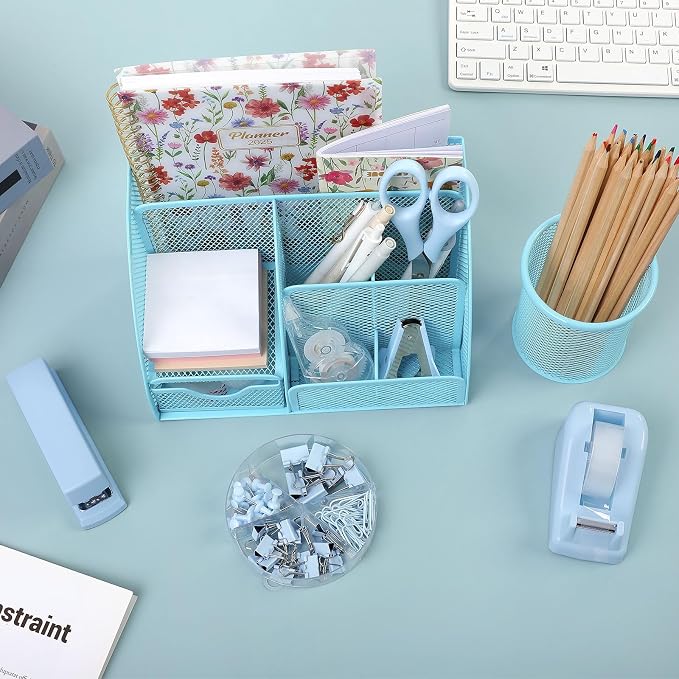 SKYDUE Blue Office Supplies Set, Office Desk Accessories, Mesh Desk Organizer, Stapler, Tape Dispenser, Scissors, Binder/Paper Clips and 1000pcs Staples, Office Supplies for Teacher, Gifts