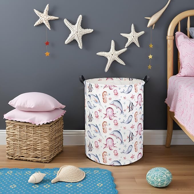 Baby Laundry Basket Baby Hamper for Nursery Girl Kids Ocean Hamper Cute Kids Toys Storage Bin Organizer Pink Room Decor for Home(Pink Ocean)
