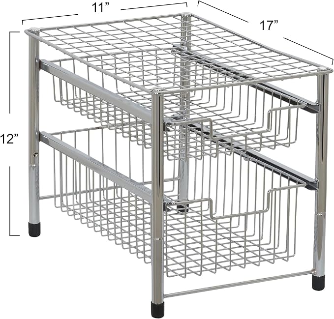 Household Essentials Free Standing Two Basket Sliding Cabinet Organizer with Metal Frame, Silver Finish