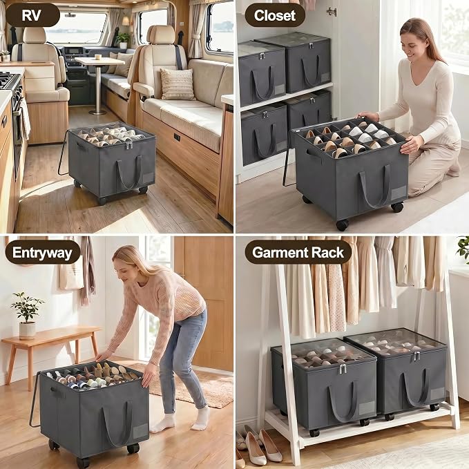 2 Pack Large Shoe Organizer for Closet, 32 Pairs Shoe Storage Box with 360° Wheels & Reinforced Handles, Adjustable Dividers, Clear Cover, Side Pocket, Foldable Oxford Fabric Bin for Entryway, Grey