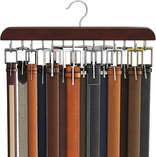 Belt Hanger for Closet Max 42 Belts, Sturdy Wood Belt Rack Closet Accessories with 14 Hooks Belt Organizer for Closet Organizers and Storage - Mahogany 1 Pack