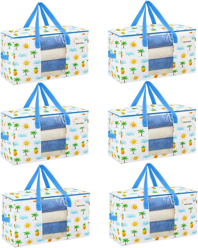 VENO 6 Pack Heavy Duty Moving Bags, Clothes and Comforter Storage Bags with Clear Window, College Dorm Essentials Packing Supplies, Foldable Boxes Alternative (Tropical Island, 6 Pack)