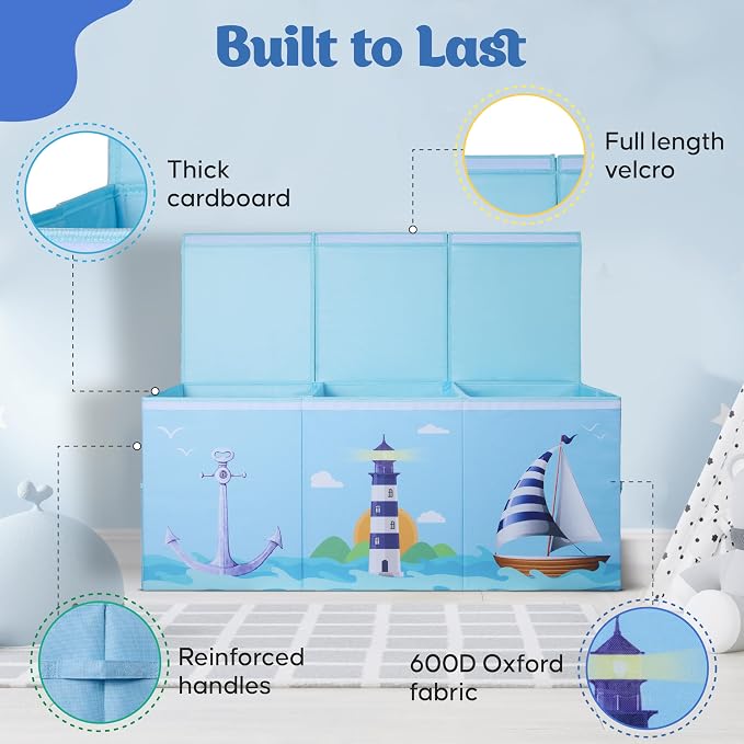 Extra Large Collapsible Sturdy Toy Storage Organizer with Lids, Ocean Theme Toy Box for Boys & Girls, 40"x16"x16", Modern, Blue