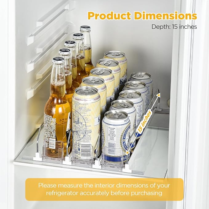 OTraki Fridge Drink Organizer 3 Rows Soda Clear Can Dispenser for Storage | Space-Saving Refrigerator Organizers with Pusher Glide and Adjustable Width, Automatic Can Holder for Hold up to 15 Cans