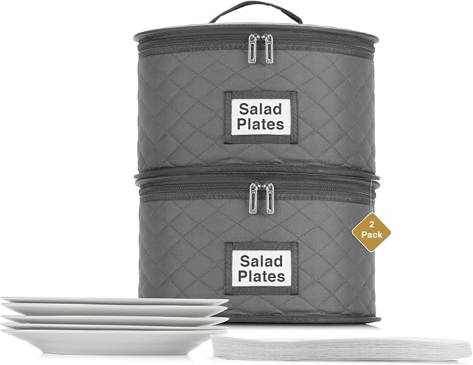 2 Pack 10" Salad Plate Quilted Cases - China Storage Container - Stackable With Padded Interior to Store your Dinnerware Dishes - Great for Luncheon Plates and Pasta Bowls