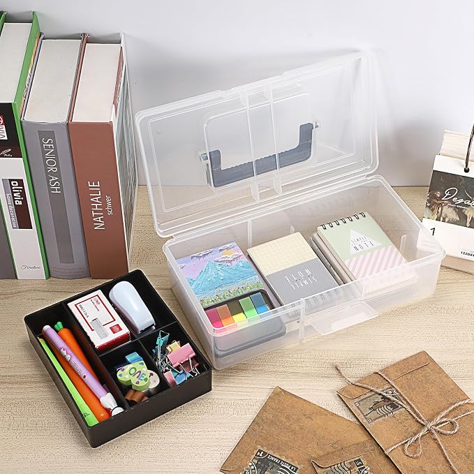 JUXYES Clear Art Craft Supply Storage Bin Sewing Box With Handle Lid | Clear Stackable Latching Craft Storage Bin for School Office, Organizing Stationery, Sewing, Art Craft, DIY Supplies