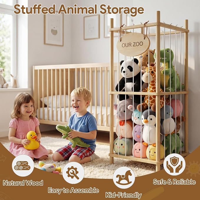 Brelley Stuffed Animal Storage Wood Toy Storage Organizer | Montessori Educational Materials Toy Chest Stuffed animal holder for Kids Nursery Playroom Bedroom