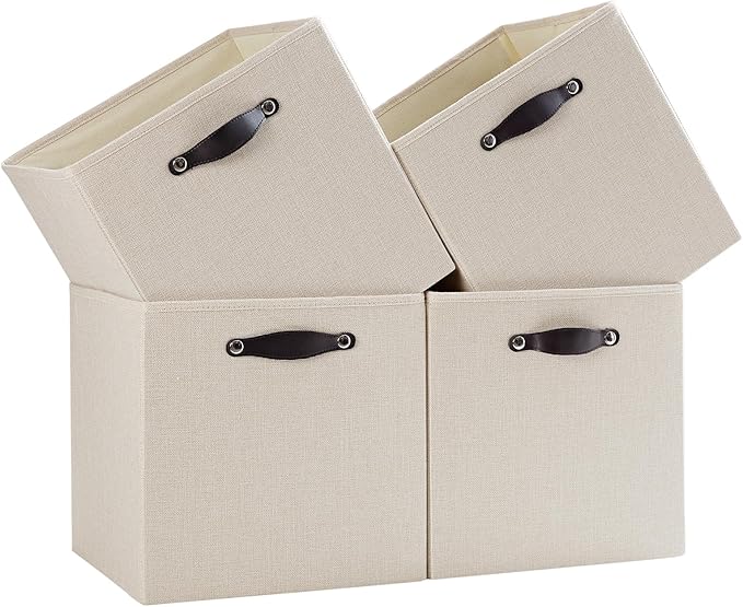 Cube Storage Bins | 13"x15"x13", Beige, 4 Pack | Multi-Size | 2X Thick Support Board | Vegan Leather Handles | 7.7 oz/yd² Fabric | Drawer Insert Basket Fits KALLAX