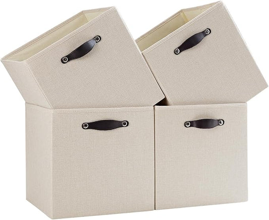 Cube Storage Bins | 13"x15"x13", Beige, 4 Pack | Multi-Size | 2X Thick Support Board | Vegan Leather Handles | 7.7 oz/yd² Fabric | Drawer Insert Basket Fits KALLAX