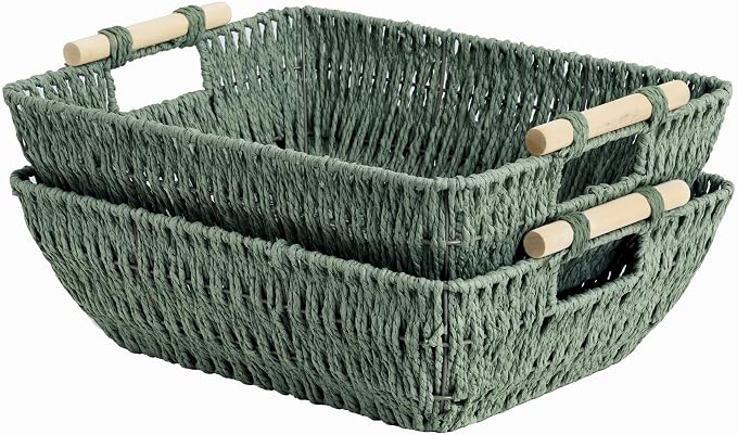 StorageWorks Extra Large Wicker Storage Basket for Organizing with Wooden Handles, Toilet Paper Baskets for Shelf, Sage Green, 2-Pack