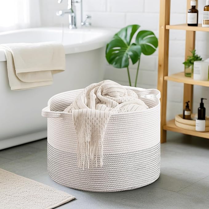 CLHMILY&Z Large Storage Basket - 20x13 Inches - Blanket Basket for Living Room, Woven Storage Basket, Large Laundry Basket for Clothes, for Tree Plant, Mix White