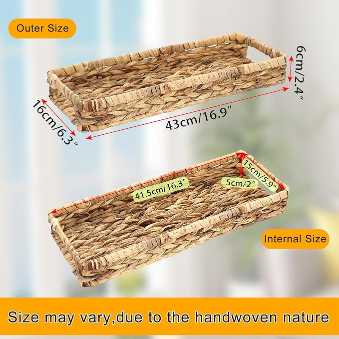 Hipiwe Wicker Toilet Tank Basket 16.9 Inch Bathroom Vanity Tray for Long Back of Toilet, Rectangle Woven Hyacinth Decorative Countertop for Paper Hand Towel