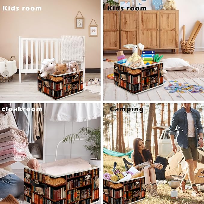 Vintage Cat Book Lovers Storage Bin Box with Handles, Retro Cat Bookish Foldable Organizer Basket for Reading Corner Room Library Bedroom Bathroom Home Clothes Books, Set of 2