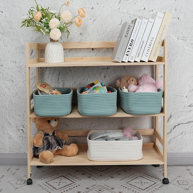 XUANGUO Small Woven Storage Baskets 13“X9”X5“ Decorative Rope Bins for Organizing Shelves, Closets, and Toys, Empty Gift Baskets, Cute Organizer Basket for Home and Office (green, Large)
