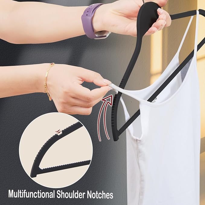 Black Plastic Thin Hangers for Clothes, Upgraded Rubberized Hangers Non Slip, Durable Slim Clothing Notches Hangers, 17.7 Inches Wide for Adults Clothes, 28 Packs