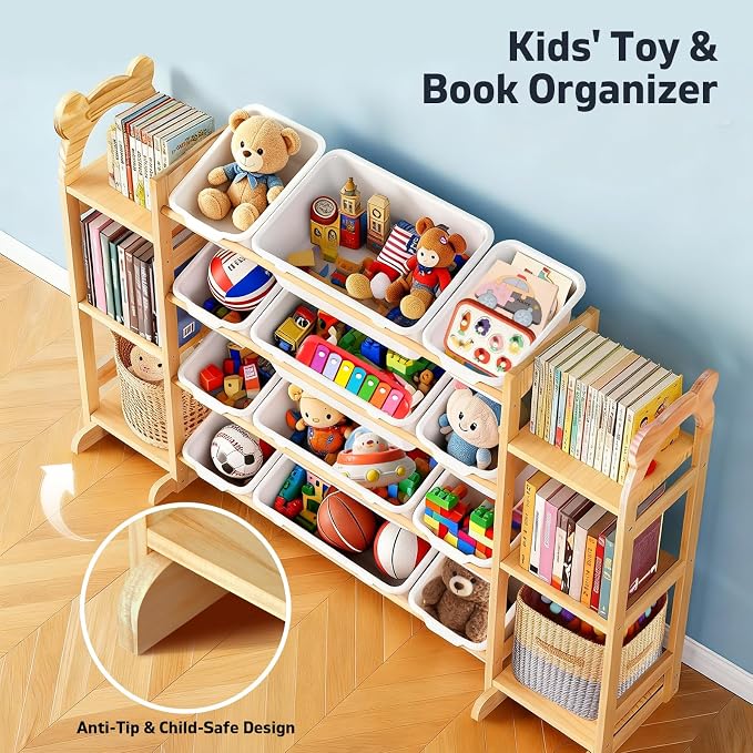 Toy Storage Organizer with 6 Shelves and 12 Bins, Toy Organizers and Storage Shelf with Bookshelf and Bookcase, Toys Box for Kids Room & Playroom & Bedroom & Nursery
