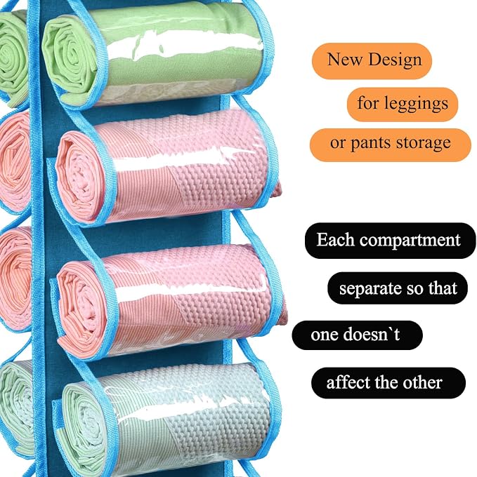Legging Storage Bag Storage Hanger Can Holds 24 Leggings or Shirts Jeans Compartment Storage Hanger, Foldable Leggings Organizer Clothes Portable Closets Roll Holder (Blue)