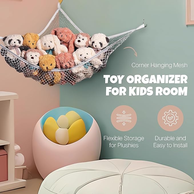 Handy Laundry Stuffed Animal Hammock Corner Net 2-Pack – Stuffed Animal Net & Mesh Toy Organizer for Kids Room – Flexible Storage for Plush Toys, Teddy Bears & Cuddly Favorites – Durable, Easy Install