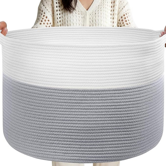 XXL Large Laundry Basket, 90L Soft Cotton Rope Basket, Blanket Storage and Organizers, Baby Nursery Laundry Hamper, Extra Large Toys Storage Bins for Kids 23'' x 13'', White & Gray