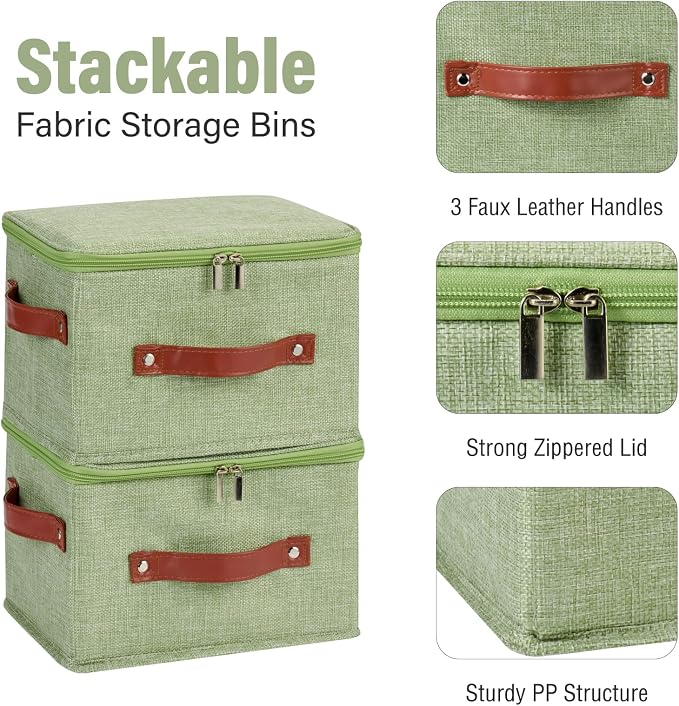 3PCS Storage Bins Boxes with Zippered Lids Cotton Linen Fabric Decorative Basket PU Leather Handles PP Plastic Board Foldable Lidded Shelf Closet Organizer Container (Light Green, Small)