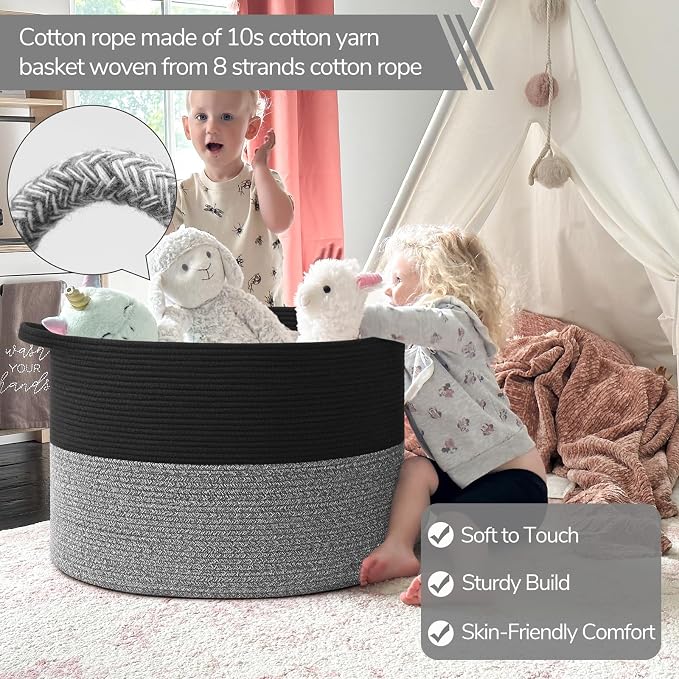 INDRESSME 115L Extra Large Cotton Rope Blanket Basket, Woven Basket for Toy Storage Organizer & Laundry Toy Box for Living Room Area & Nursery Room, Black & Grey