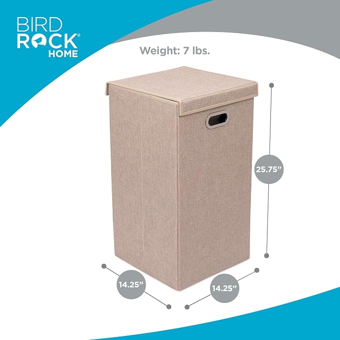 BIRDROCK HOME Single Laundry Hamper with Lid and Removable Liner | Linen | Easily Transport Laundry | Foldable Hamper | Cut Out Handles