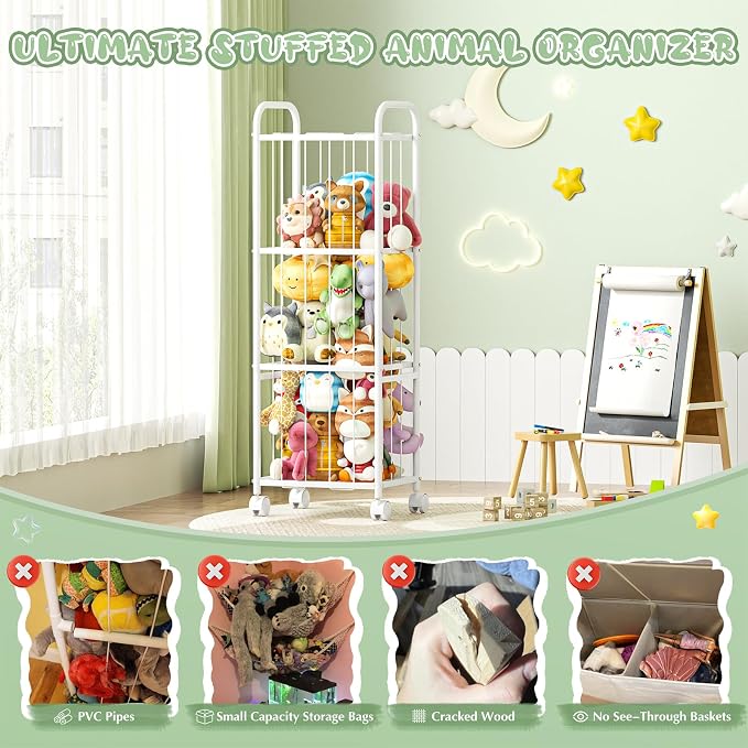 Stuffed Animal Storage, Metal Tube Toy Storage Organizer Extra Large Stuffed Animal Holder With Brake Wheels, Stuffed Animal Zoo Organizer For Nursery Playroom Kids Room White(53.5” x 18.1”x 13”) 13”)