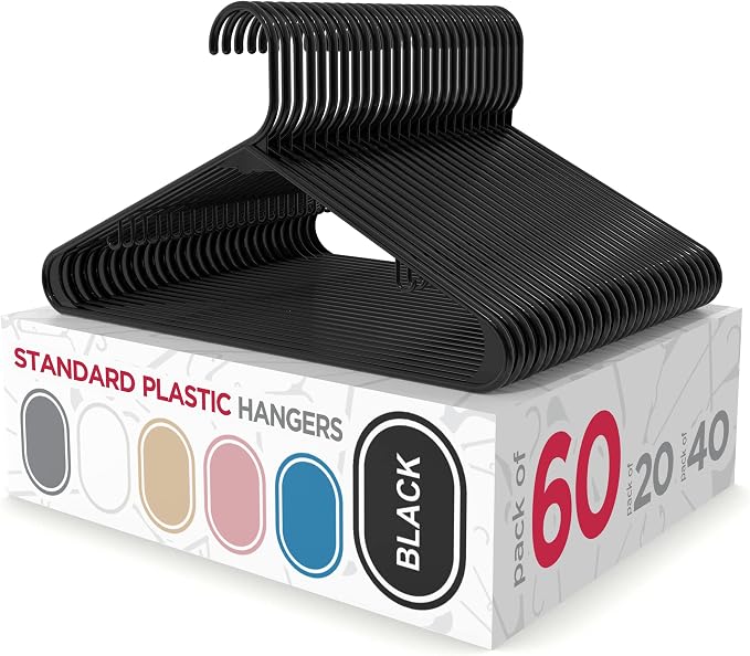 Sharpty Plastic Hangers Clothes Hangers for Clothing, Closet, Coats & Shirts - Durable & Space Saving - for Everyday Standard Use, Room Essentials & Basics - 60 Pack - Black
