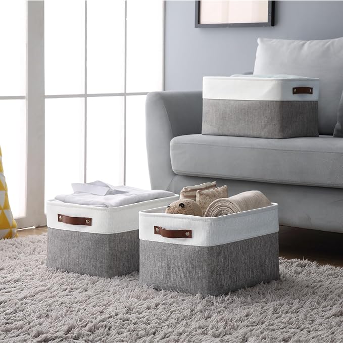 DECOMOMO Storage Bins, Large Fabric Storage Baskets for Shelves, Decorative Linen Closet Organizer, 15 x 11 x 9.5 inches (Grey & White, 3 Pack)