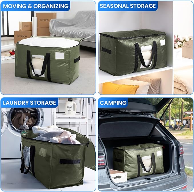 TAILI 2 Pack Green Extra Large Storage Bags, Heavy Duty Totes with Visible Window, Wrap Around Handles, Perfect for Moving