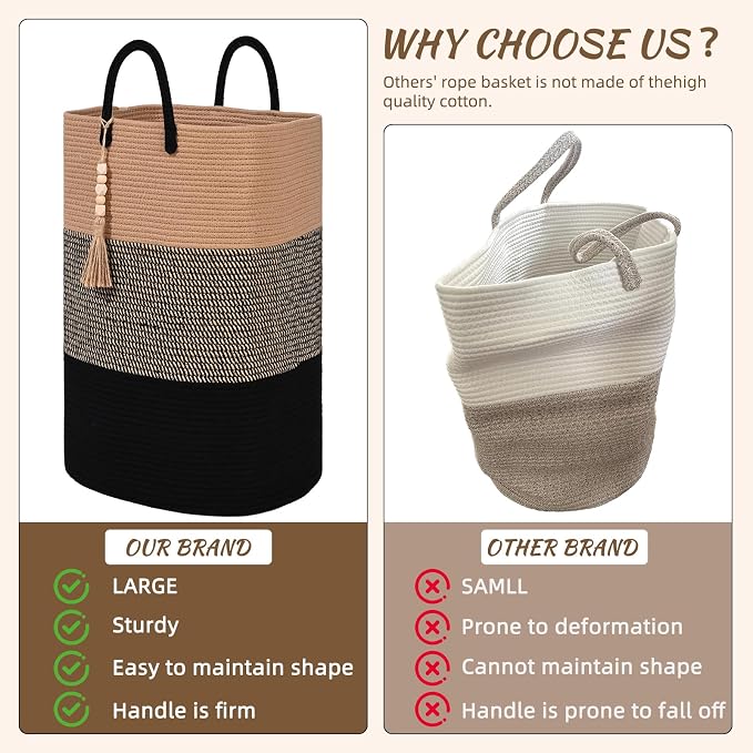 Woven Laundry Basket for Clothes, 50 L Large Rectangle Laundry Hampers with Beads Tassel, Nursery Storage Basket for Toys, Tall Dirty Clothes Hamper for Bedroom Aesthetic, Laundry Room Organization
