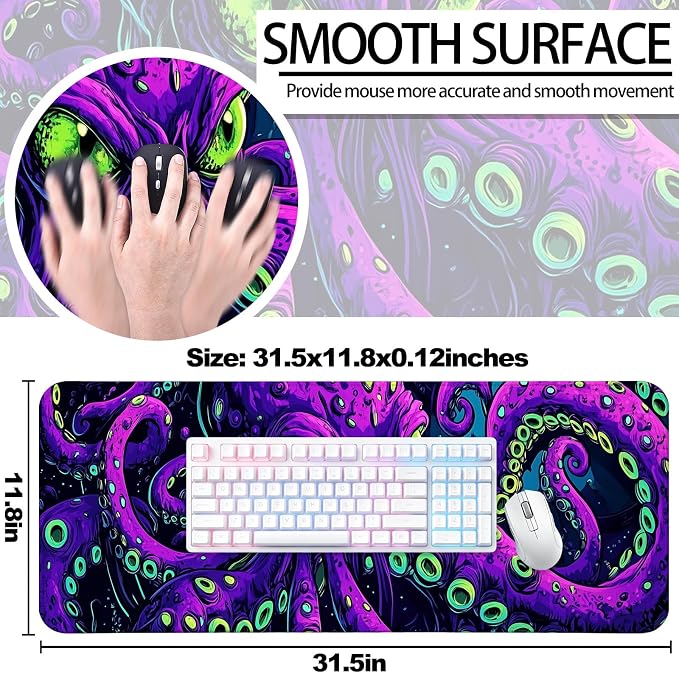 Octopus Monster Gaming Desk Mat, Computer Keyboard Large Extended Cool Neon Animal Mouse Pad for Office and Home, 31.5×11.8 Inches, XL