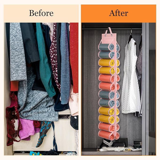 Lirex Hanging Yoga Legging Storage Organizer with 24 Pockets, Foldable Oxford Cloth Hanging Closet Organizer Shirts Jeans Storage Hanger Socks Holder for Family Closet Bedroom, Pink