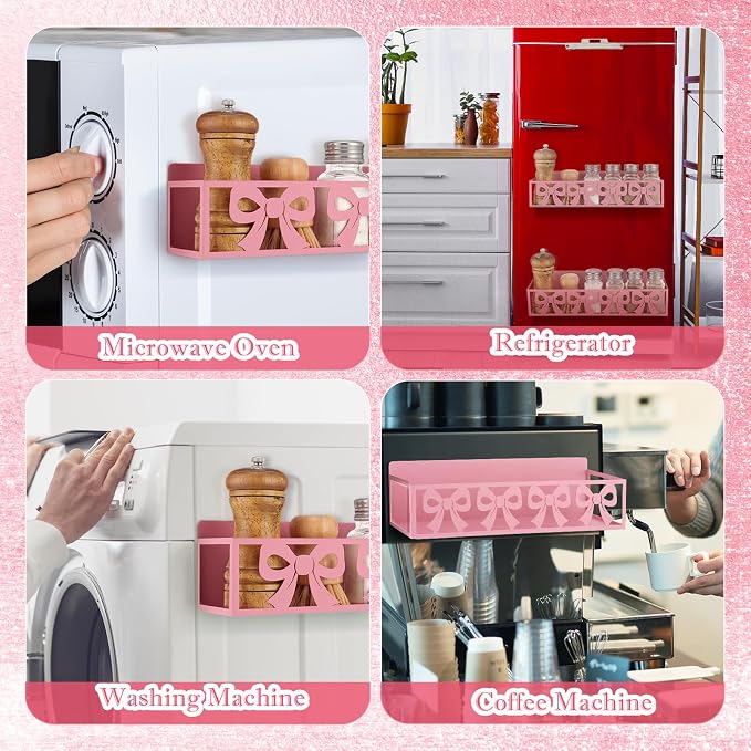 Beeveer 2 Pack Cute Bow Magnetic Spice Rack for Refrigerator Metal Magnet Basket Shelf for Fridge Seasoning Storage Organizers Home Decor Kitchen Accessories (Pink)