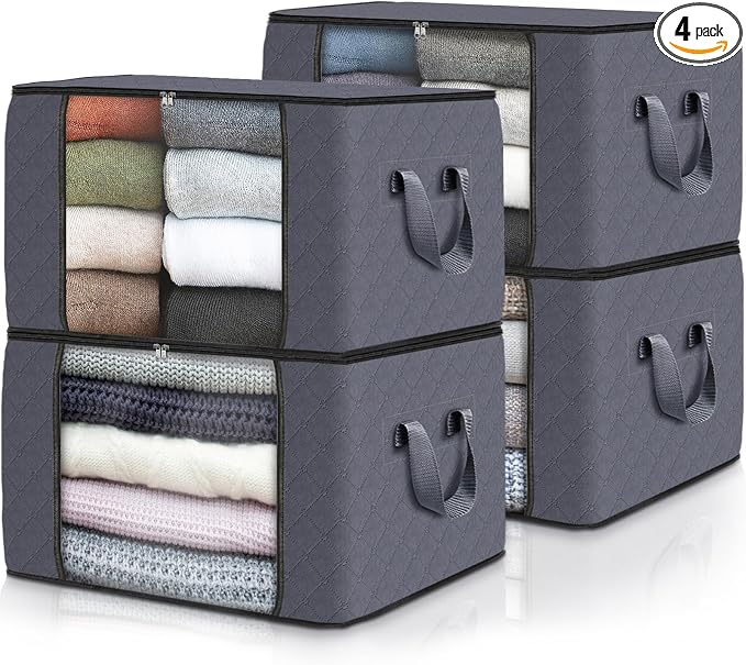 Fab totes Storage Bags,Clothes Blanket Storage Bins Foldable Closet Organizers with Reinforced Handle for Home Dorm Storage and Organization,Fabric Bags for Organizing Sheets,Clothing (Grey,4 Pack)