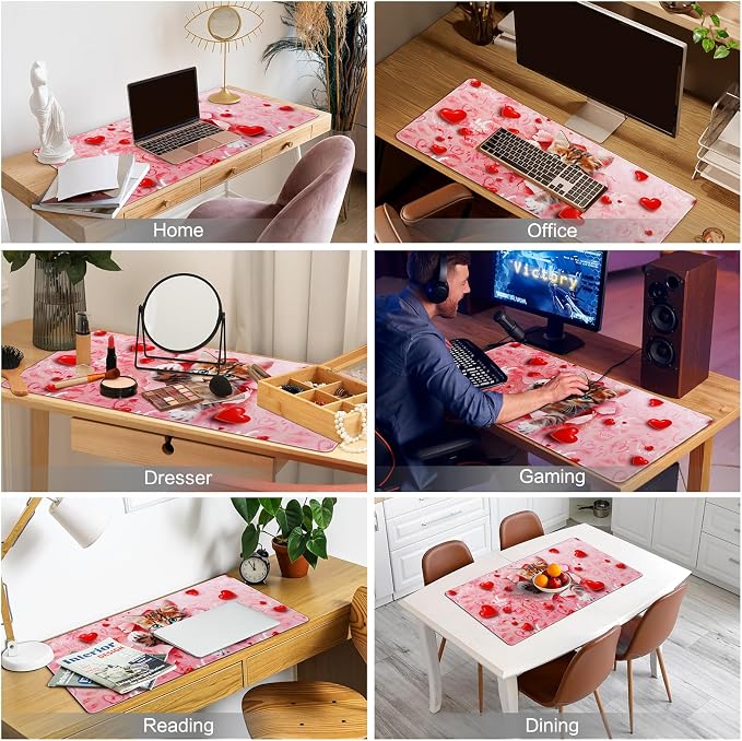 Lokigo Large Mouse Pad, Cute Pink Desk Mat for Desktop, Women Girls Waterproof Desk Mouse Pad, Love Cat Computer PC Laptop Protector Writing Pads for School Office Home 31.5" x 15.7"