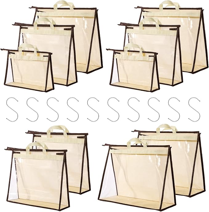 10 Set Handbag Storage Organizer Dust Bags for Purses Handbags Closet, Clear Purse Protector Storage Bag Dust Cover for Bags, Closet Organizer for Handbags with Hooks