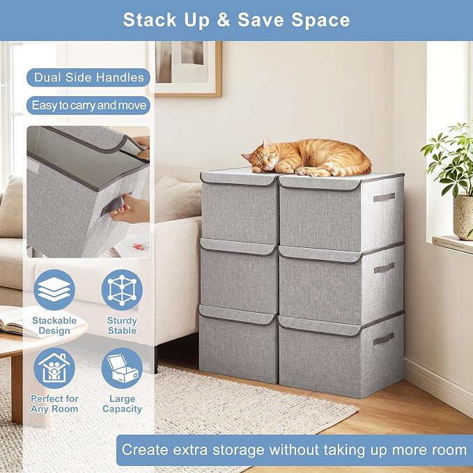 Bagnizer Linen Fabric Foldable Storage Cube Bin Organizer Basket with Flip-Top Lid & Handles, Large Clothes Blanket Box for Home, Office, Closet, Light Gray, 4 Pack 14.6 x 9.5 x 9.5”