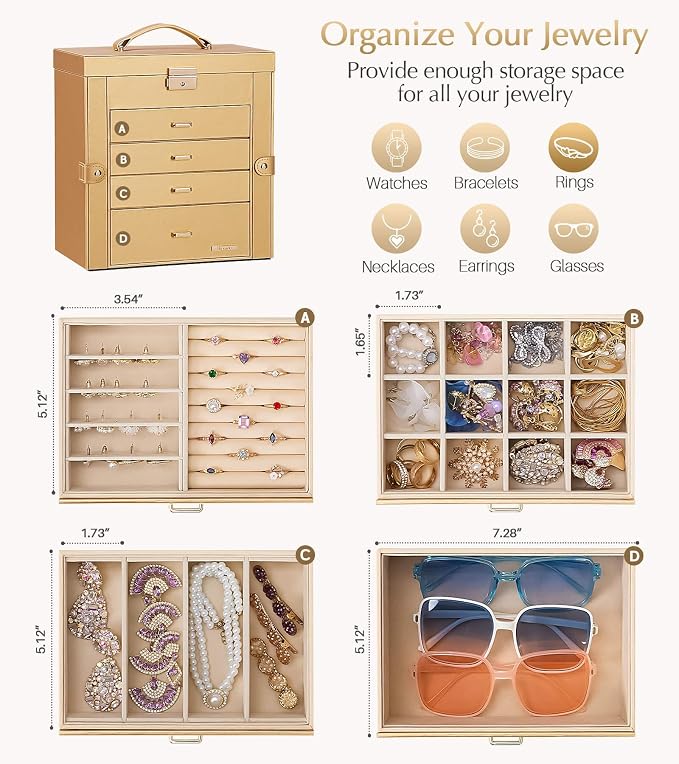 Homde Synthetic Leather Huge Jewelry Box Mirrored Watch Organizer Necklace Ring Earring Storage Lockable Gift Case (Gold)
