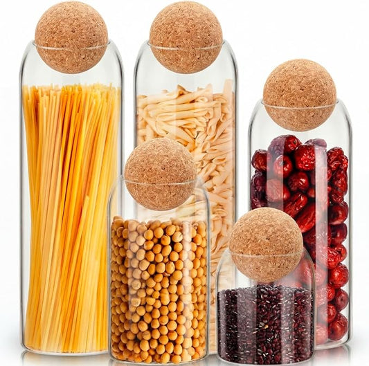 Suclain 5 Pack Glass Jar Set Food Tank with Spherical Cork Cute Ball 4 Sizes Candy Jars Clear Coffee Canister Airtight for Kitchen Bottle Holder Serving Spice Sugar Tea(Classic Style)