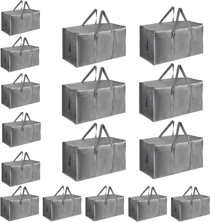 16 Pack-Extra Large Heavy Duty Moving Bags - Waterproof Storage Totes with Handles & Zippers, Foldable for College Dorm, Storage (Gray)