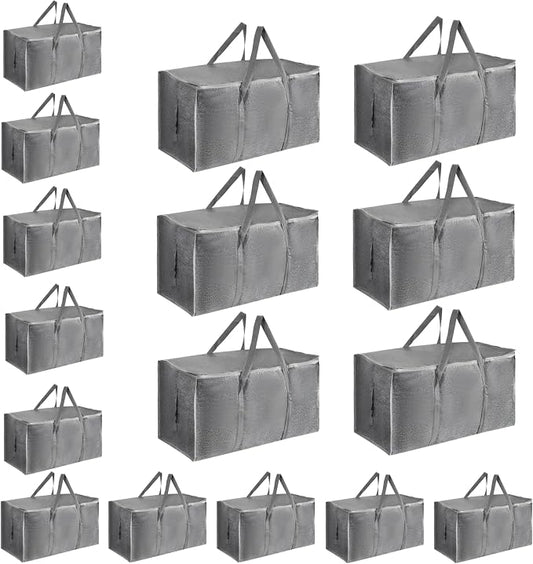 16 Pack-Extra Large Heavy Duty Moving Bags - Waterproof Storage Totes with Handles & Zippers, Foldable for College Dorm, Storage (Gray)