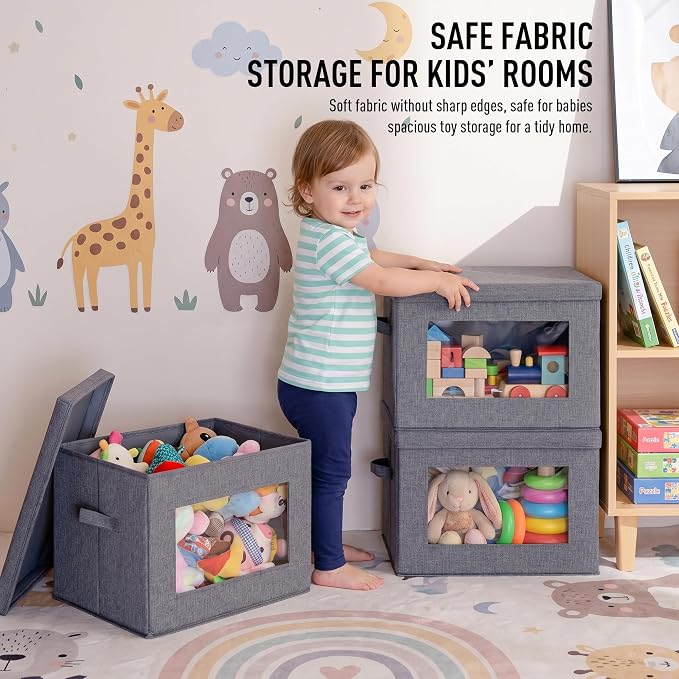 2-Pack Large Storage Bins with Lids & Clear Window, Foldable Fabric Closet Organizer Boxes, Stackable Cube Baskets with Soft Handles for Clothes & Blankets, 17”, Grey