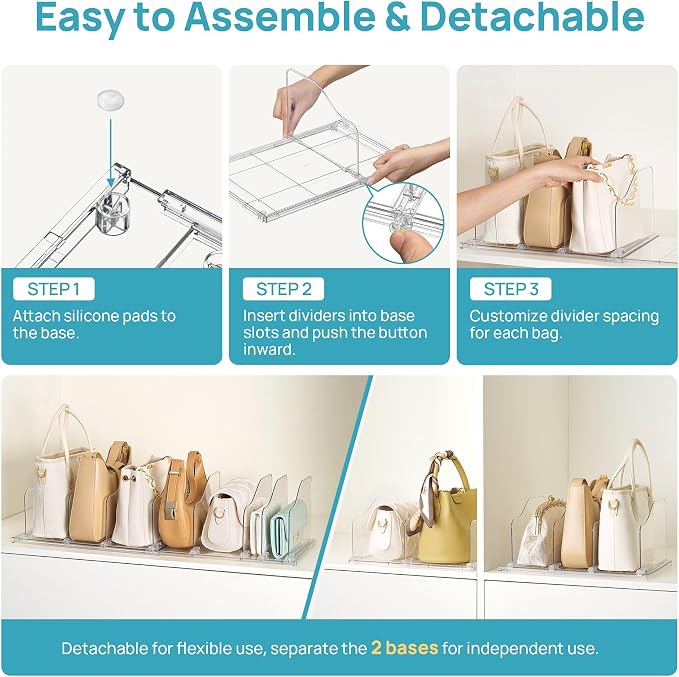 Vtopmart Free-Adjustable Purse Organizer for Closet with 1 Extendable Base & 8 Slide-Freely Dividers, Fits Different Bag Sizes & Closet Shelf, Customizable Spacing Shelf Dividers for Handbags, Wallets